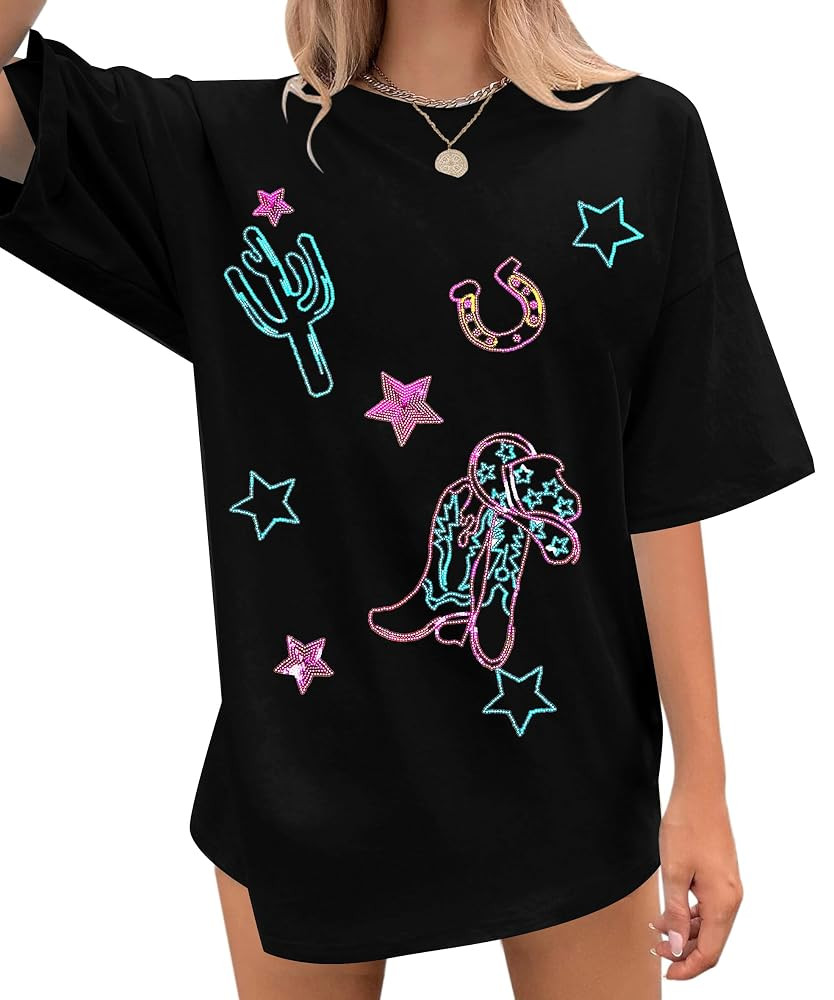 Boho Western Cowgirl Shirts for Women: Sequin Western Rodeo Graphic Tee Oversized Country Music S... | Amazon (US)