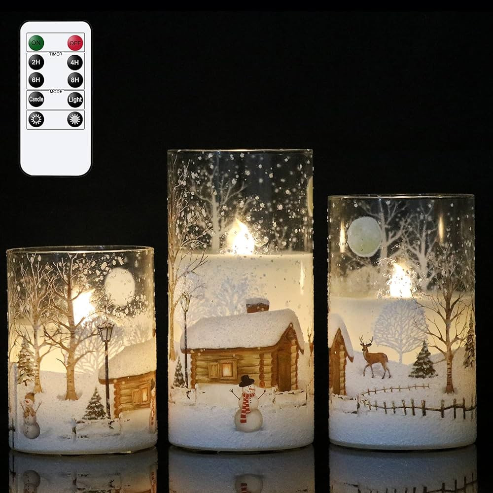 DRomance White Christmas Glass Flickering Flameless Candles Battery Operated with 10-Key Remote a... | Amazon (US)