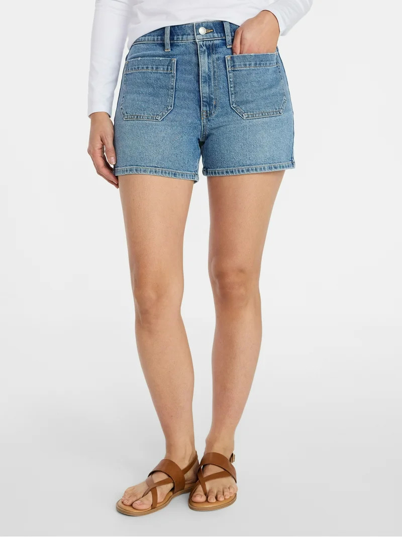 Time and Tru Women's High Rise Patch Pocket Denim Shorts, 4" Inseam, Sizes 0-20 | Walmart (US)