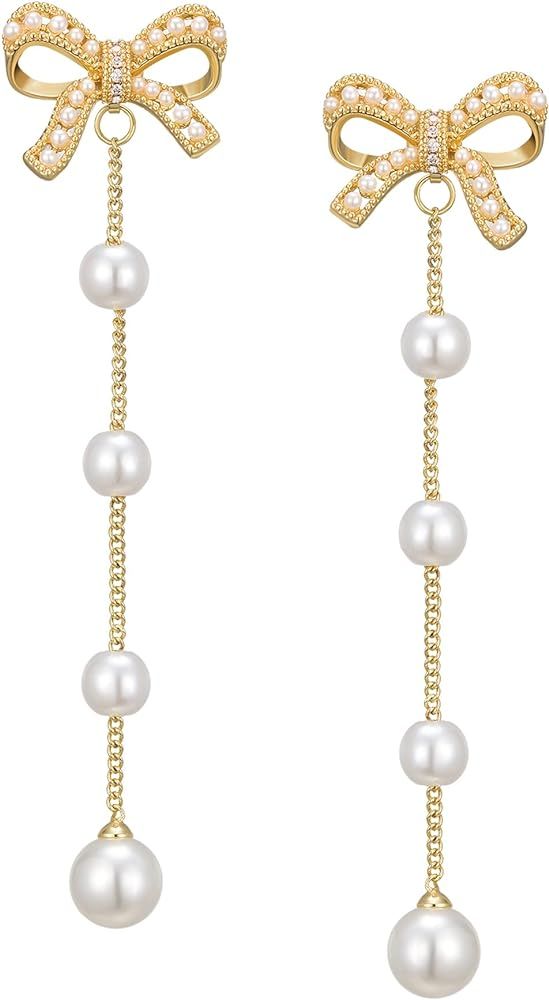 SWEETV Gold/Silver Bow Earrings for Women, 925 Sterling Silver Post Ribbon Knot Stud Earrings Dro... | Amazon (US)
