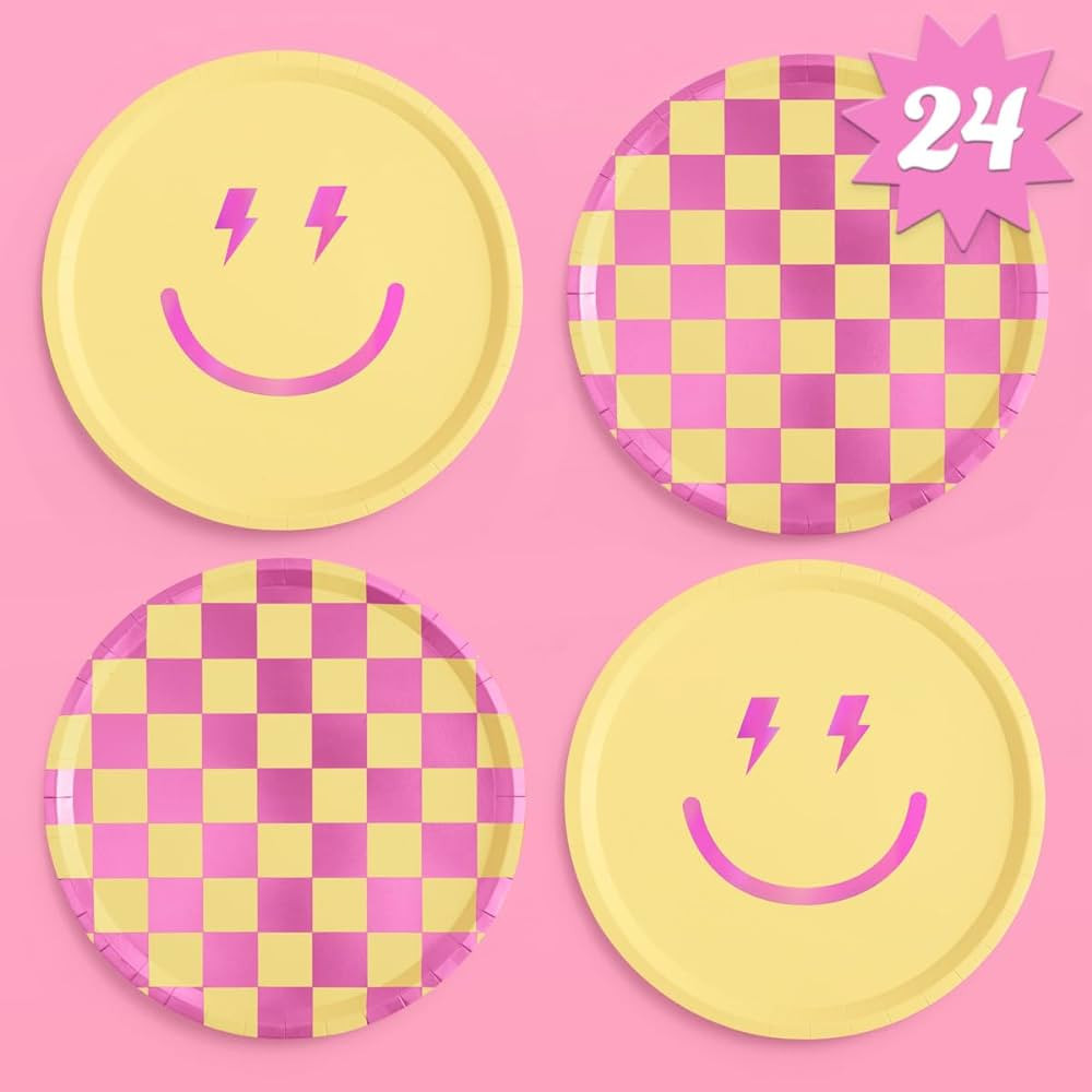 xo, Fetti Preppy Smiley Birthday Party Plates - 25 pk, 9" | Cute Supplies, Decorations, Groovy | Amazon (US)