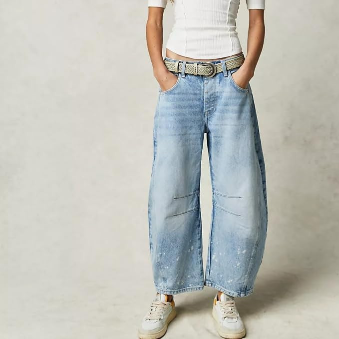 Women's Baggy Boyfriend Jeans Mid Rise Barrel Jeans Wide Leg Loose Y2k Cropped Denim Pants with P... | Amazon (US)