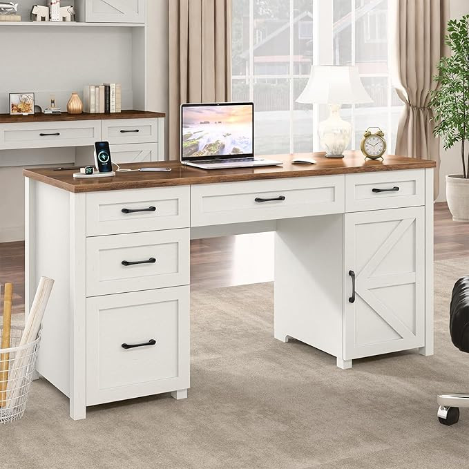 Farmhouse 61'' Executive Desk with 5 Drawers, Rustic Office Desk Computer Desk with Charging Stat... | Amazon (US)