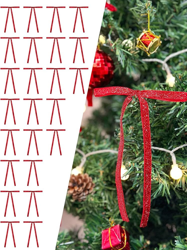 24 Pcs Red Glitter Velvet Christmas Tree Bows Sparkle Door Garland Decor Vintage Wreath Bow (3/8'... | Amazon (US)
