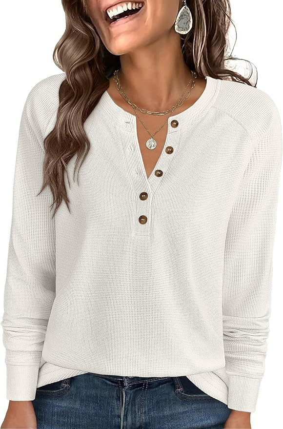 ANRABESS Women's Long Sleeve Waffle Knit Shirts Dressy Casual Loose Button Up V Neck Henley Tops ... | Amazon (US)
