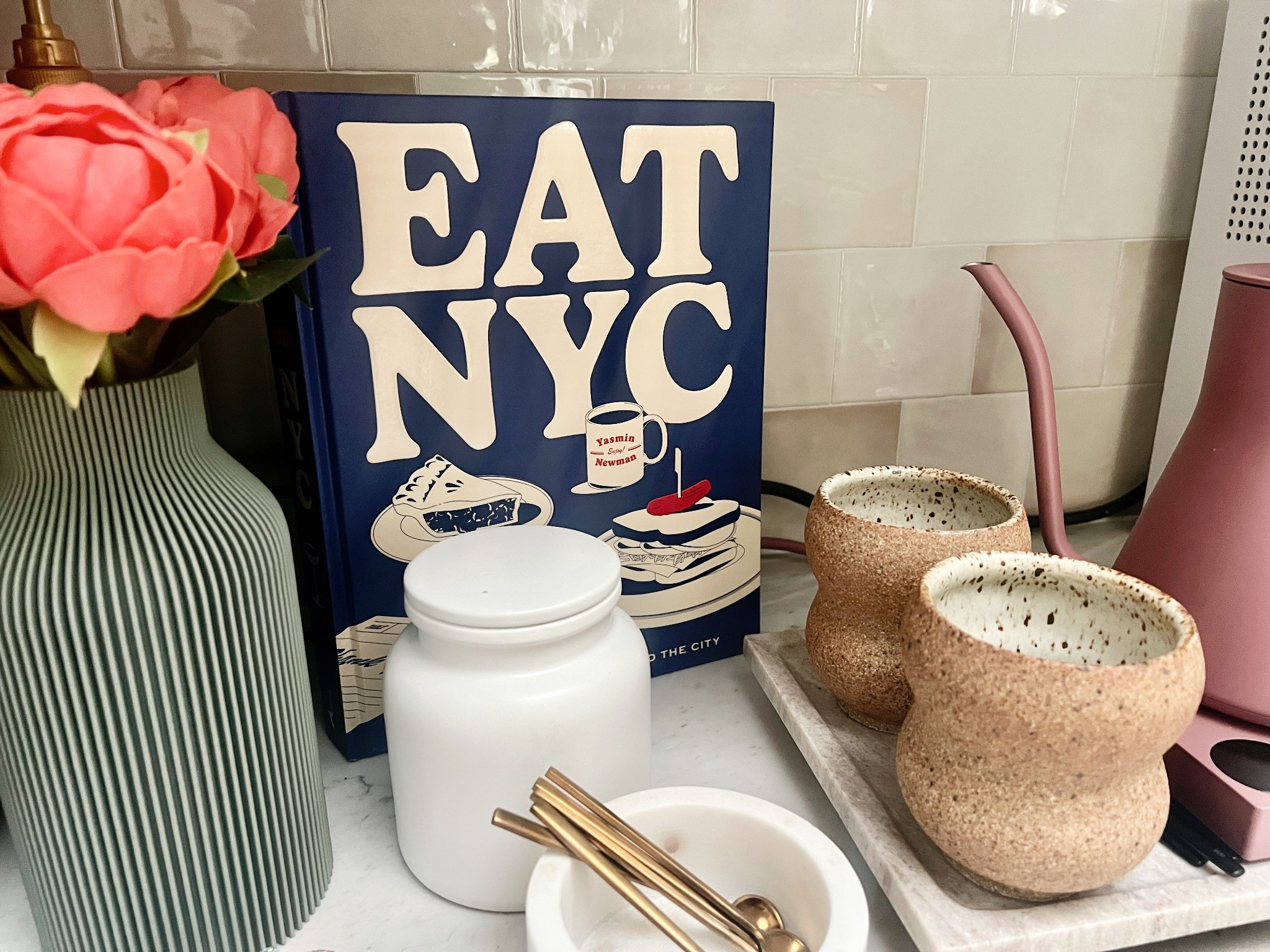 Coffee corner, with mugs, books, flowers, & a pink kettle  

#LTKdayinmylife #LTKFindsUnder50 #LTKHome