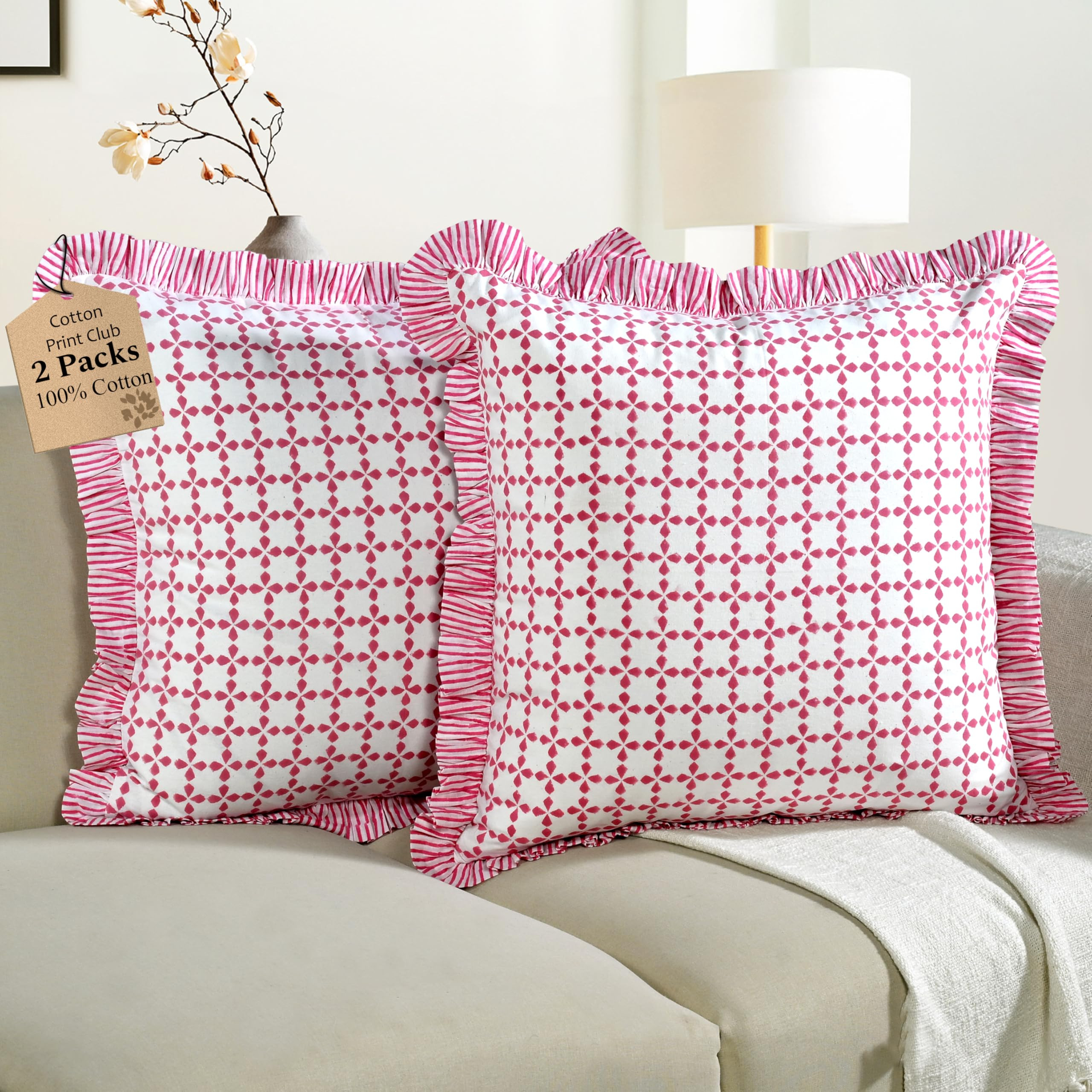 CPC Magenta Pink Hand Block Print 100% Cotton Ruffle Throw Pillow Cover 20x20 inch with Hidden Zi... | Amazon (US)