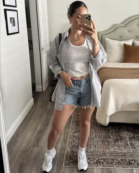 Casual summer  outfits as of lately 🤌🏻🧢
Sizing info:
Look 1: 
Denim shorts / 26
Button down / medium 
Look 2
Crewneck / medium 
Trousers / small 
Look 3
Cardigan / medium
Trousers / small 
Look 4
Yellow sweater / medium 
Crop button down / medium 
Denim jeans / 26
Look 5
White tee/ small 
Linen pull on shorts / small 
Brown vest / medium
Look 6
Crewneck / medium 
Denim shorts /26
I’m 5’4”/130

#LTKU #LTKStyleTip #LTKActive
