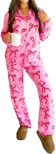 Yiulangde Women Bow Pajama Set Silk Satin Long Sleeve Button Pj Shirt Lounge Pants With Bows 2 Piece Ribbon Bow Print Jammies Pink | Amazon (US)