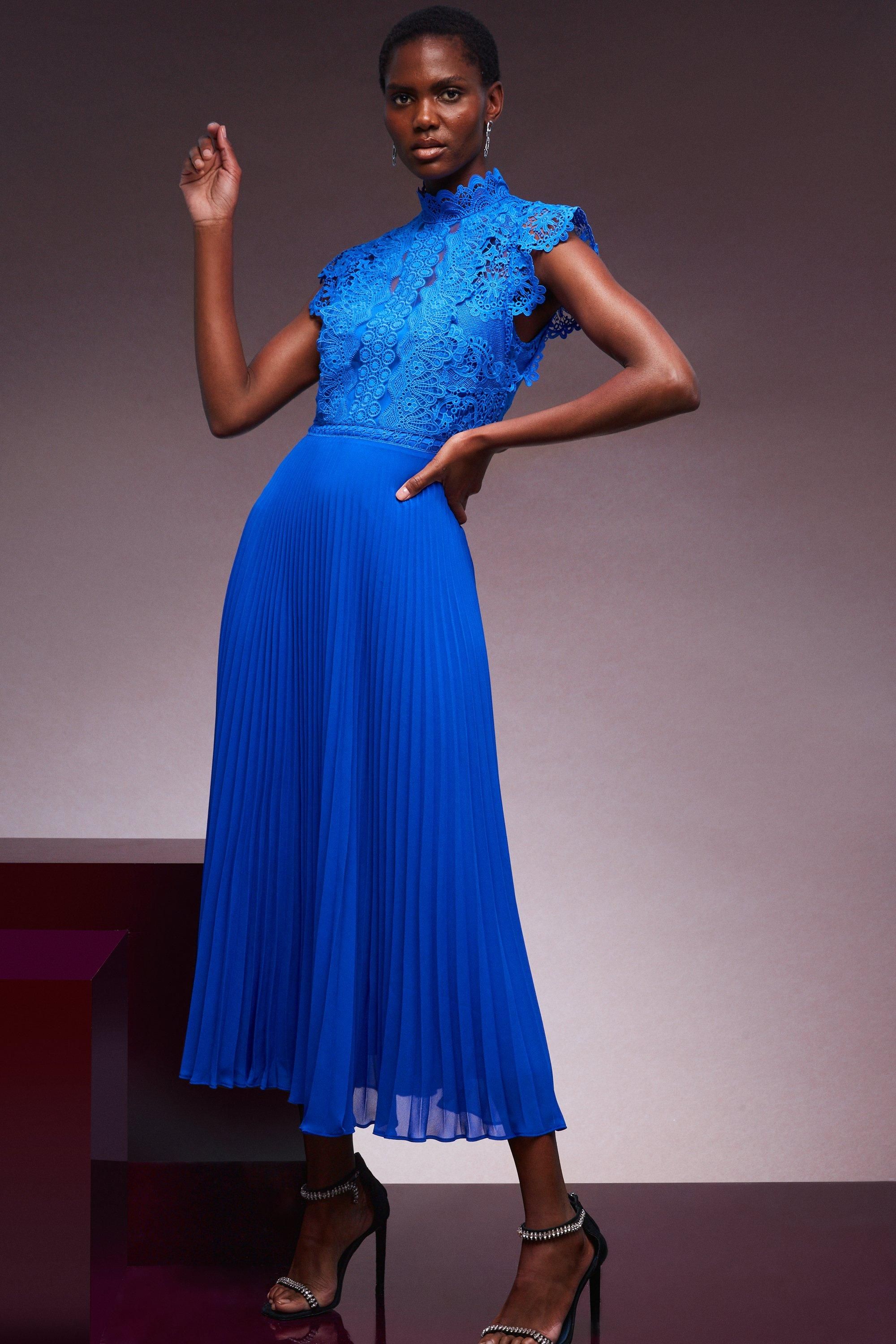 Guipure Lace Woven Pleat Midi Dress | Karen Millen UK & IE