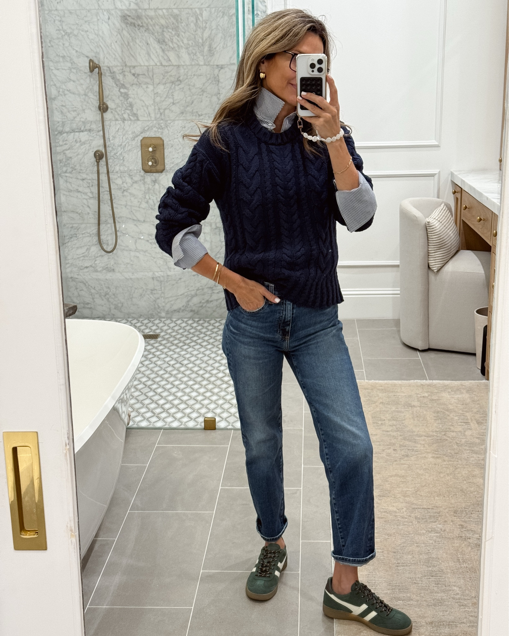 -love this button up details! 
I’m 5’6”
-jeans TTS 
-cable knit sweater
-Green sneakers 


#LTKOver40 #LTKTravel #LTKSeasonal