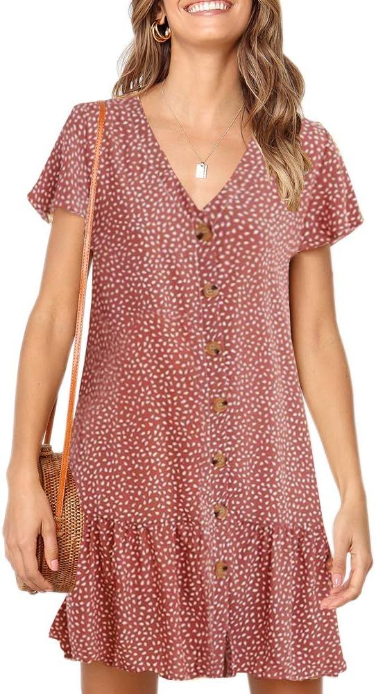 Imysty Womens Polka Dot V Neck Button Down Ruffles Loose Mini Short T-Shirt Dress at Amazon Women... | Amazon (US)
