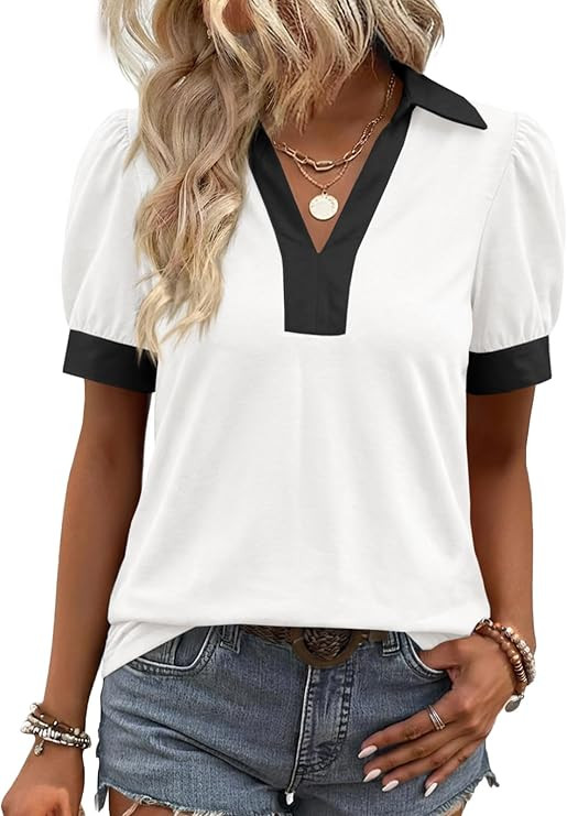 Tankaneo Womens Short Puff Sleeve Tops Summer Casual Color Block Blouses Lapel V Neck Loose Polo ... | Amazon (US)