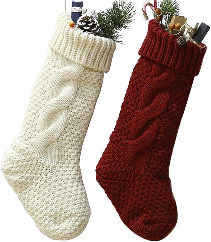 techcity 18" Large Size Cable Knit Christmas Stockings,Unique Burgundy Xmas Stocking Decorations ... | Amazon (US)