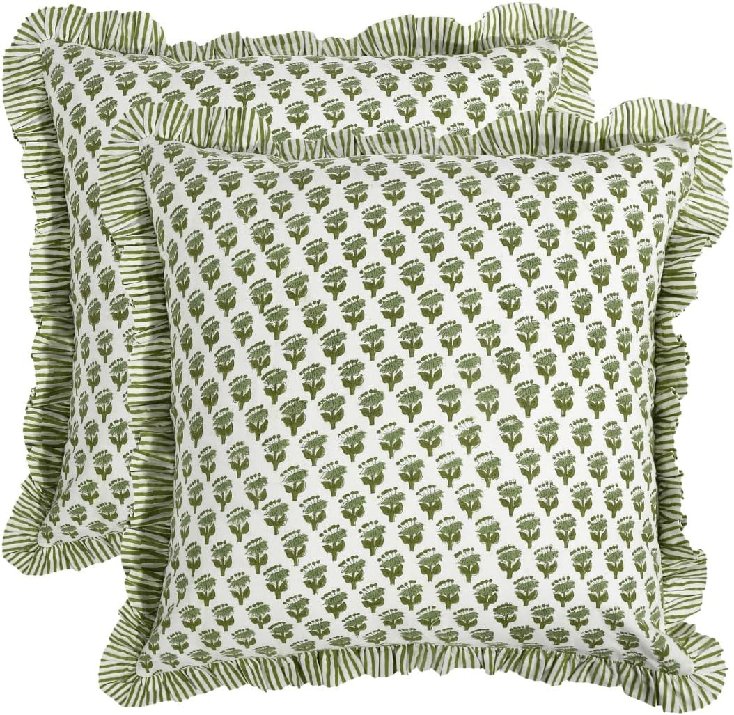 CPC Block Print Ruffle Throw Cover Emerald Green 18"x18" Inch Pack of 2-100% Cotton Ruffle Couch ... | Amazon (US)