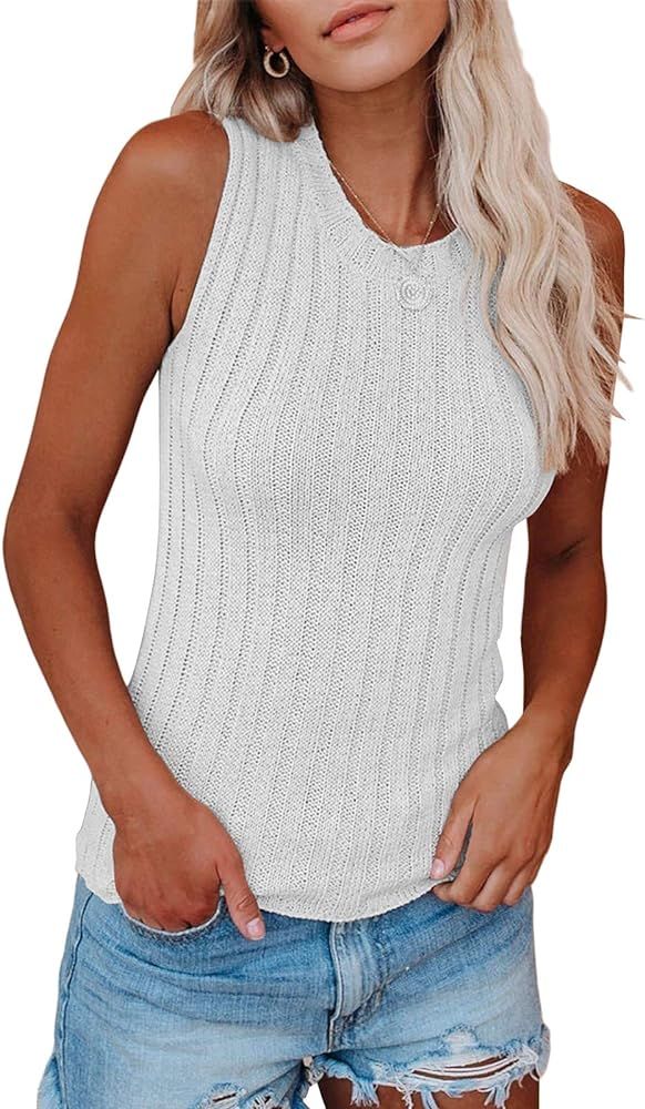 Saodimallsu Womens High Neck Tank Top Summer Ribbed Sleeveless Shirts Casual Loose Knit Cami Swea... | Amazon (US)