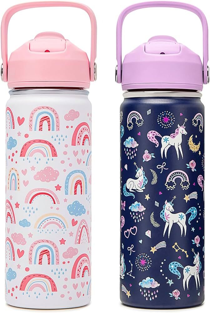 2 Pack 18oz Kids Insulated Water Bottle with Straw Lid, 18/8 Stainless Steel Metal Water Bottles ... | Amazon (US)