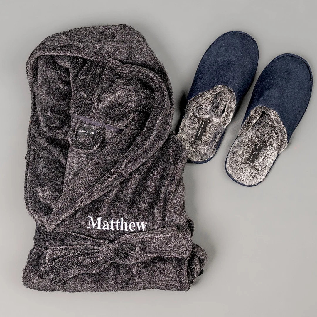 Mens Personalised Hooded Two Tone Dressing Gown and Slippers - Etsy | Etsy (US)