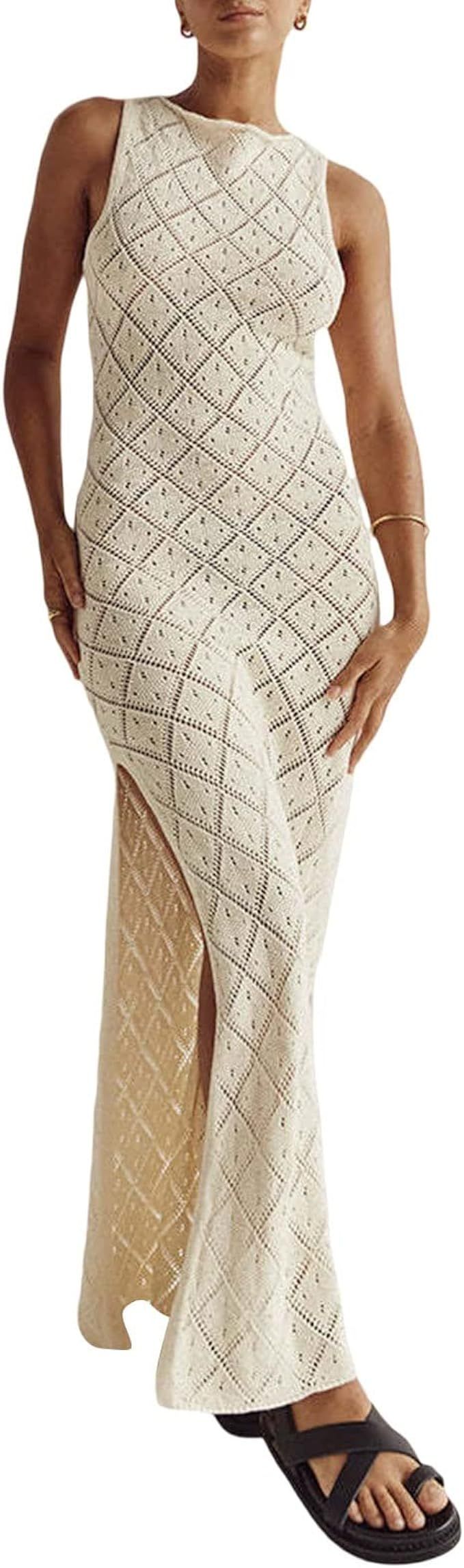 NUFIWI Crochet Knit Hollow Out Maxi Dress Elegant See Through Beach Dress High Waist Sleeveless S... | Amazon (US)