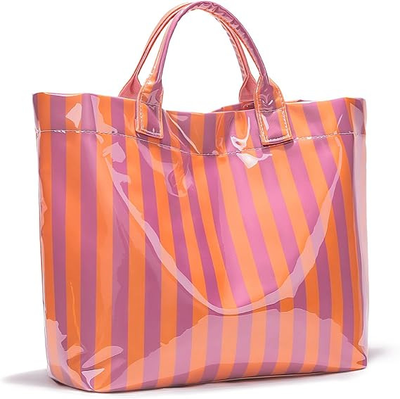 Striped PVC Tote Bag Large Glossy Striped Handbags Waterproof Top Handle Bag Plastic Tote Handbag... | Amazon (US)