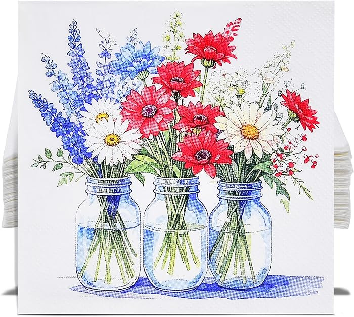 Patriotic Floral Cocktail Napkins USA Red White and Blue Mason Jar Flowers Disposable Drink Napki... | Amazon (US)