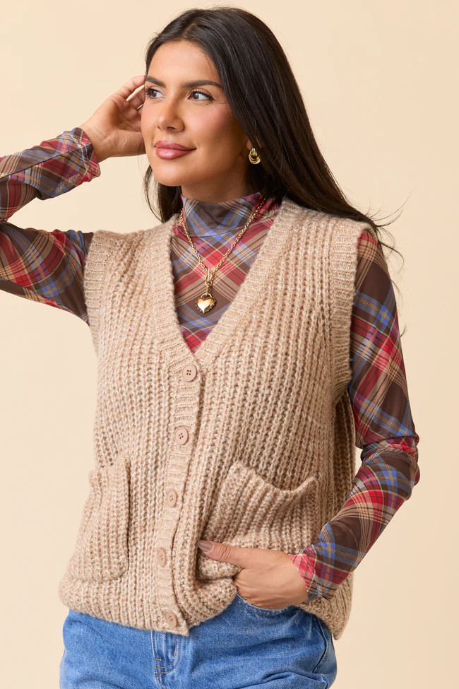 Ruthie Beige V-Neck Sweater Vest SALE | Pink Lily