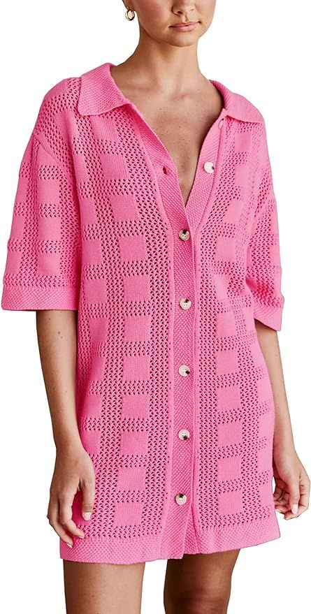 Lumister Summer Knit Shirt Dress for Women Crochet Button Front Shirt Dress Cover Up Bathing Suit... | Amazon (US)