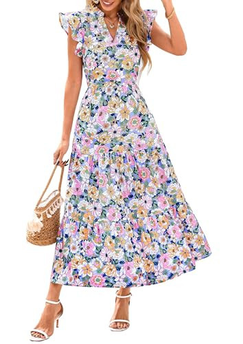PRETTYGARDEN Women's 2026 Summer Floral Midi Dress Cap Sleeve V Neck Ruffle Long Flowy Boho Casual Beach Vacation Dresses (Floral Purple Pink,Medium) | Amazon (US)