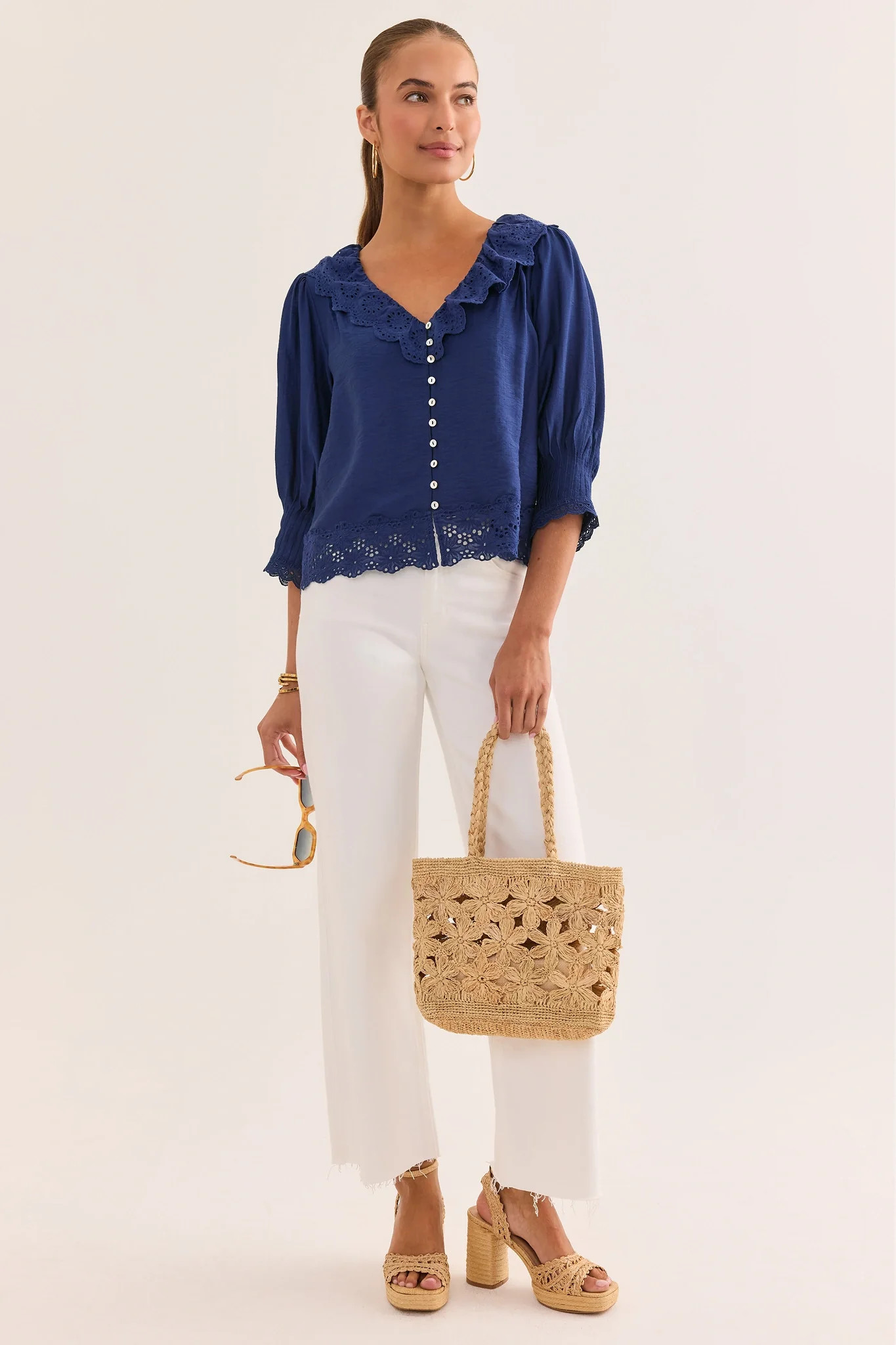 Navy Embroidered Button Up Top | Avara