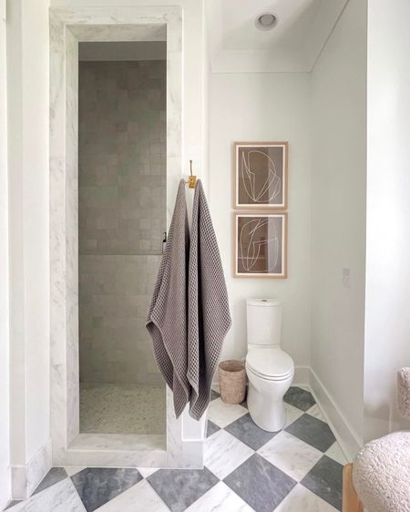 The cottage primary bathroom (shower side)!  Zellige tile, marble flooring, Kohler toilet, best waffle wave bath towels, mcgeeandco 

#LTKfindsunder50 #LTKhome #LTKstyletip