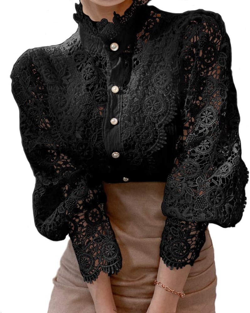 Women’s Elegant Lace Trim Shirts Casual Victorian Blouse Long Sleeve Button Down Tops | Amazon (US)
