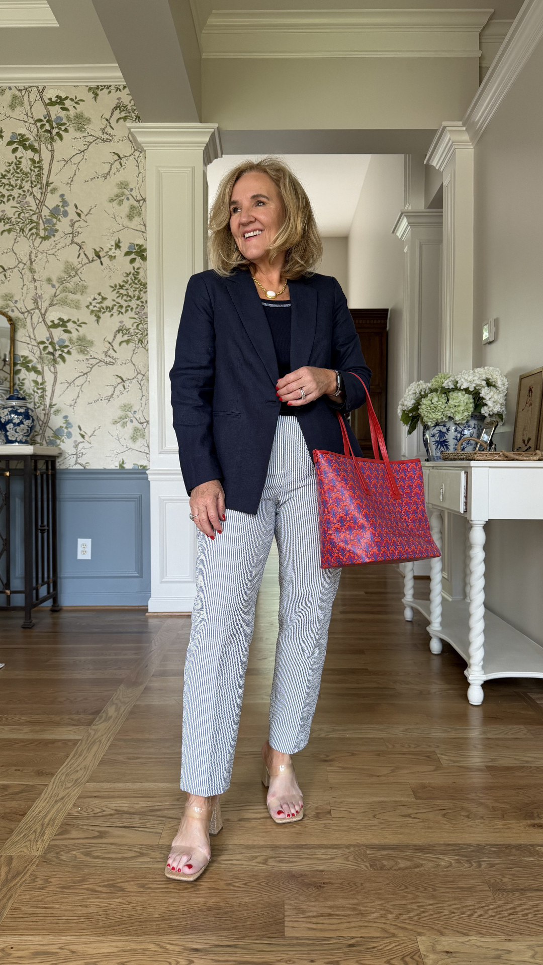 Loving this polished navy blazer and striped pant combo for summer  🫶🏻

Such a chic look for work, lunch meetings, casual dinners, travel days, and elevated everyday outfits. The striped pants keep it light and fresh while the colorful tote adds the perfect fun touch. Timeless style with a modern feel. 

 #LTKootd #LTKSeasonal #LTKOver40