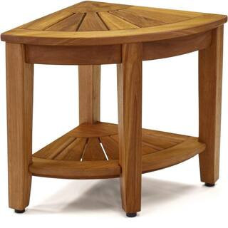 The Original 15.5 in. Kai Corner Teak Shower Bench with Shelf | The Home Depot