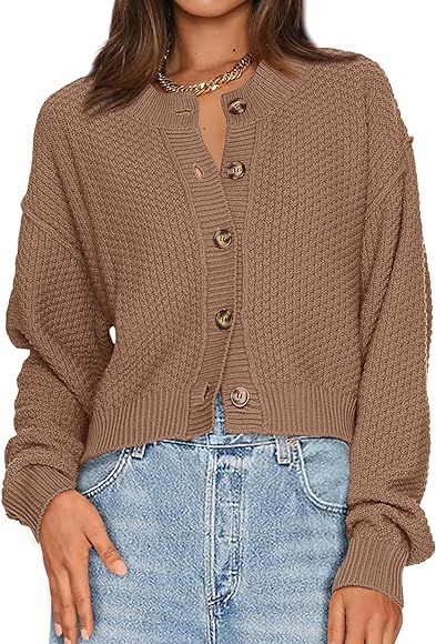 PRETTYGARDEN Women Casual Open Front Button Down Cropped Cardigan Sweaters Cute Fall Long Sleeve ... | Amazon (US)