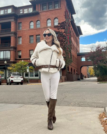 Faux fur jacket on repeat. This cream moto jacket is super warm and cozy. I love the leather details and oversized pockets. They go great with white jeans, leggings and regular blue denim jeans. Don’t forget to like your favorite items and posts so that you get sale notifications 🔔 

#LTKstyletip #LTKSeasonal