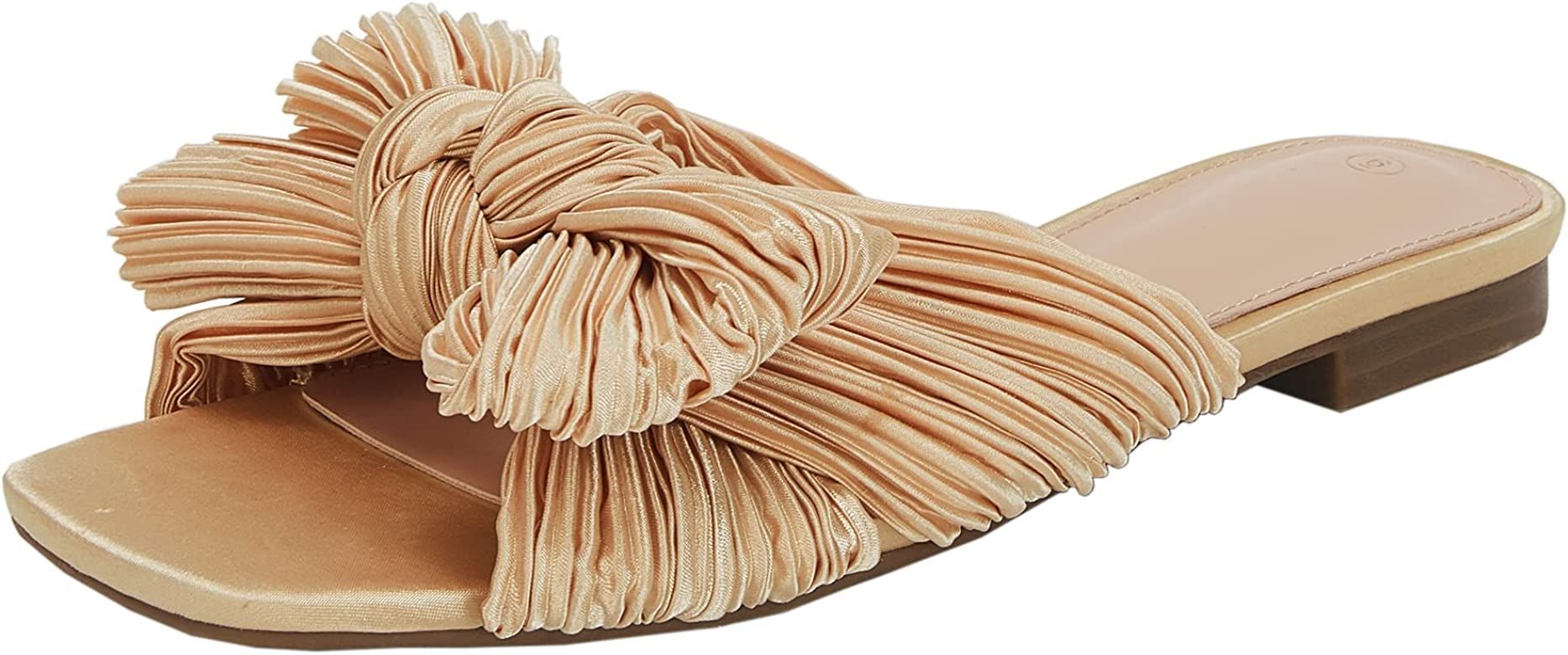 VETASTE Women's Pleated Bow Flat Sandals Open Square Toe Slip on Slide Sandals | Amazon (US)