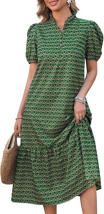 Wenrine Womens Summer Floral Maxi Dress Casual V Neck Puff Short Sleeve Button Flowy Beach Boho L... | Amazon (US)