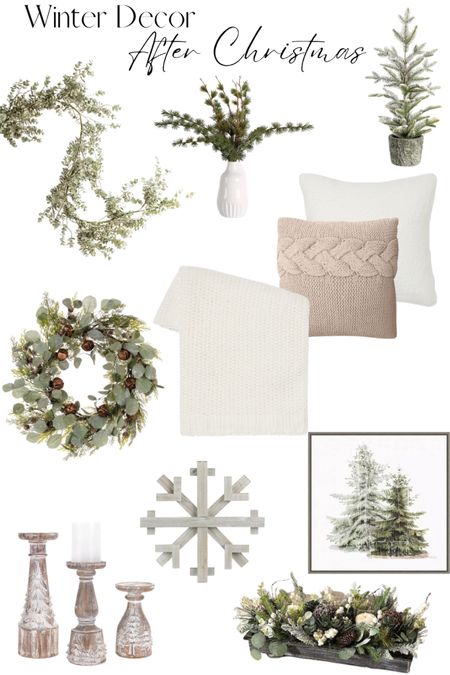 Curious how to decorate after Christmas? Take down things that are fully Christmas but leave up things like pine trees and snowflake decor. Add in cozy throw pillows and blankets in light neutral colors to mimic the snowy outdoors, use wood decor pieces to warm up your home and use frosted greenery and winter tree stems in your vases, bowls, trays, etc. 

#LTKSeasonal #LTKstyletip #LTKhome