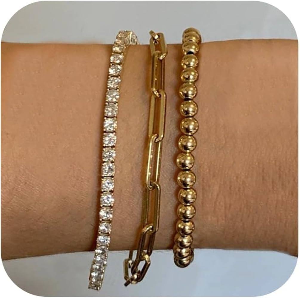 Gold Bracelets for Women, 14K Gold Plated Link Cubic Zirconia Classic Tennis Bracelet, Cuban Chai... | Amazon (US)