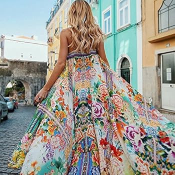 Women's Bohemia Floral Long Chiffon Dress Sleeveless Spaghetti Starp Halter Neck Summer Beach Flo... | Amazon (US)