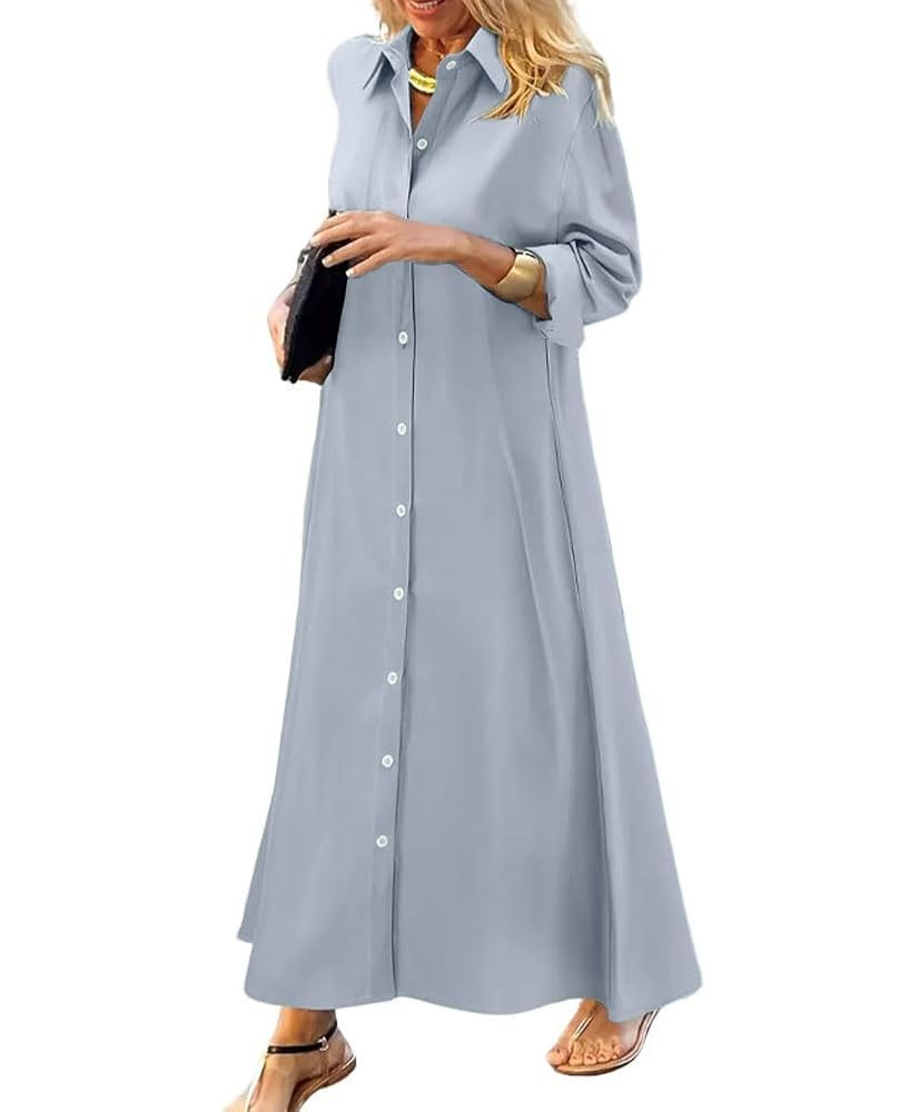 chouyatou Women's Casual Button Down Maxi Shirt Dress Long Sleeve Button Up Tunic Long Dress | Amazon (US)