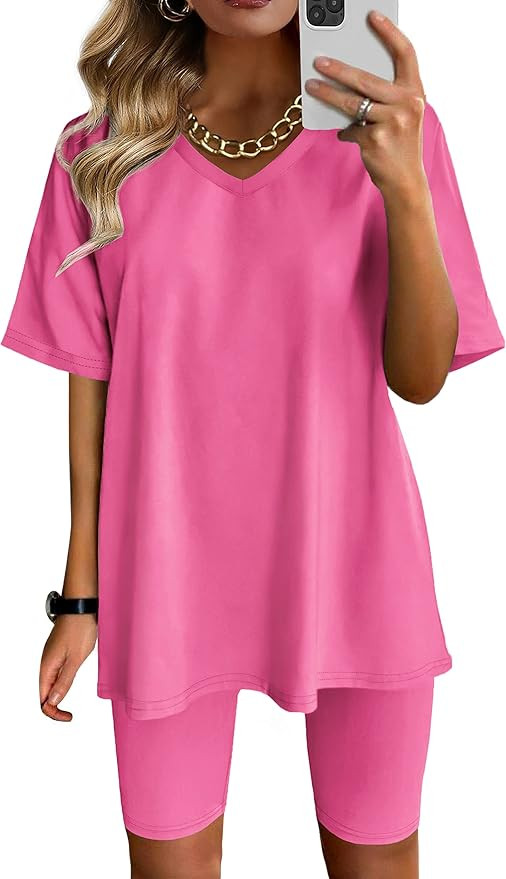 AGSEEM Two Piece Outfits For Women Summer V Neck T-Shirt Tops Biker Shorts Workout Sports Tracksu... | Amazon (US)