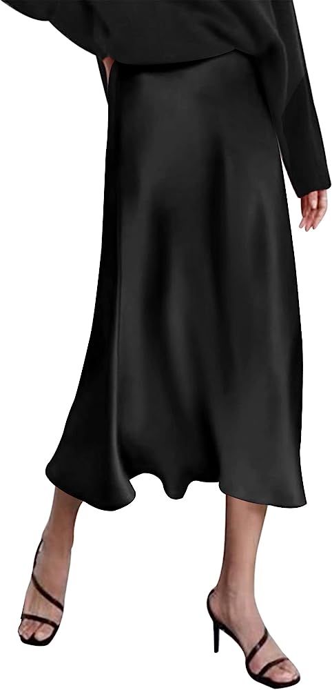 Womens Midi Skirt High Waisted Solid Satin Dress Zipper Elegant Work Skirts | Amazon (US)