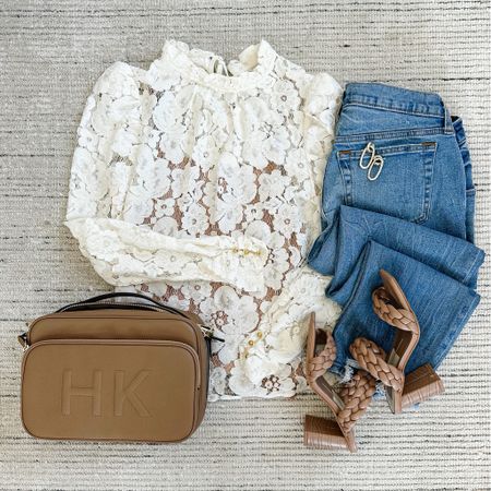 Spring smart casual outfit with medium wash denim jeans paired with lace top and sandals for a chic and classic look. Love this top and it’s on sale for 20% off! Perfect for casual workwear, date night, brunches and more 

#LTKstyletip #LTKSeasonal #LTKsalealert