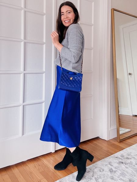 J.crew slip skirt and Jenni Kayne grey fisherman sweater. 

Black and blue. Fall slip skirt outfit. Slip skirt. Blue and grey look  

#LTKshoecrush #LTKfindsunder100 #LTKSeasonal