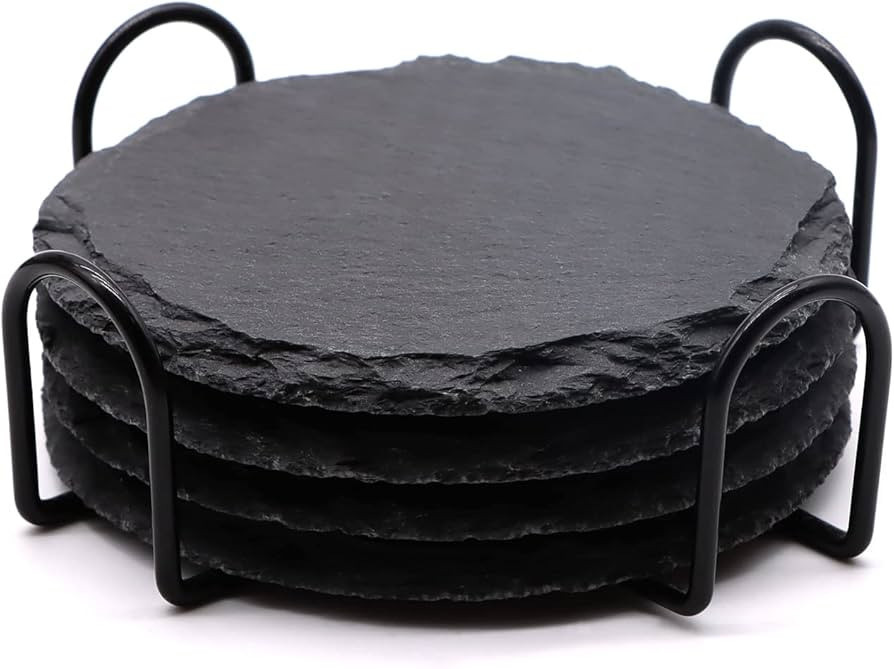 4 PCS Round Slate Drink Coasters Set, SIJDIEE 4 Inch Black Slate Stone Coasters with Anti-Scratch... | Amazon (US)