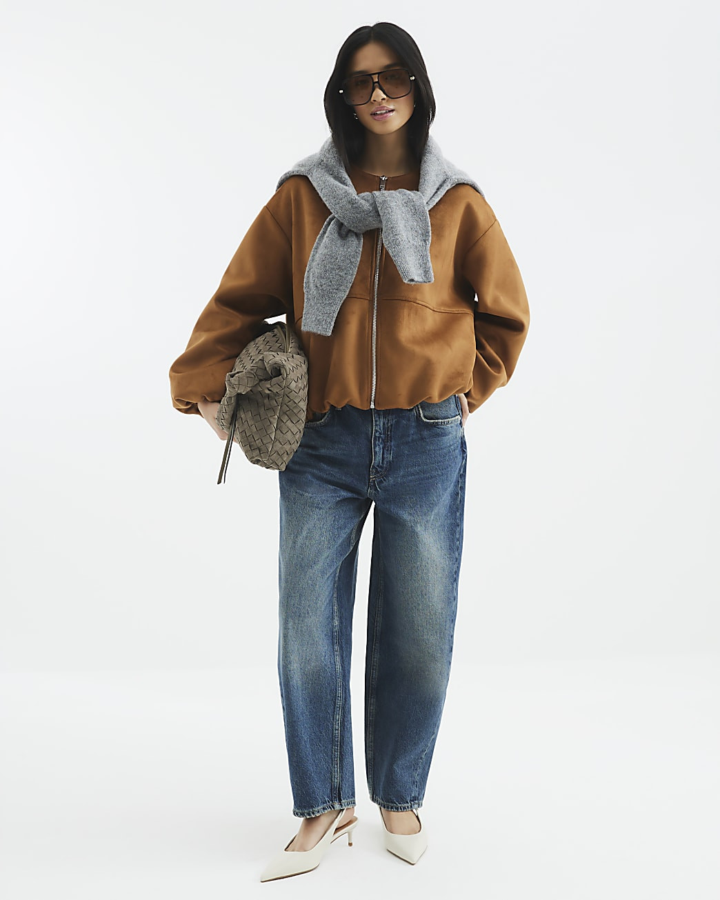 Petite Brown Faux Suede Bomber Jacket | River Island UK & IE