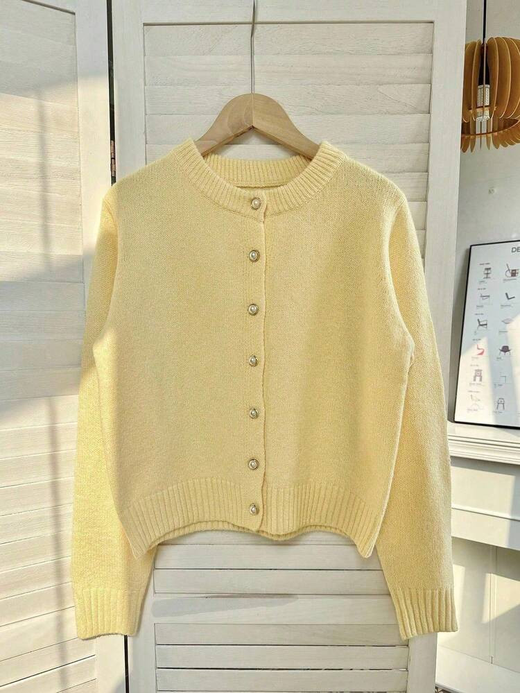 Franclia Damen Rundhals Langarm Einreihiger minimalistischer eleganter Cardigan, Herbst & Winter,... | SHEIN