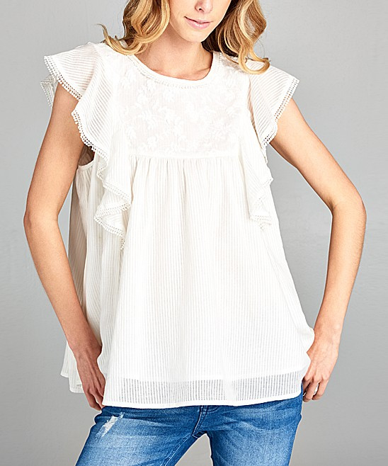 White Ruffle-Accent Flutter-Sleeve Top - Women | zulily