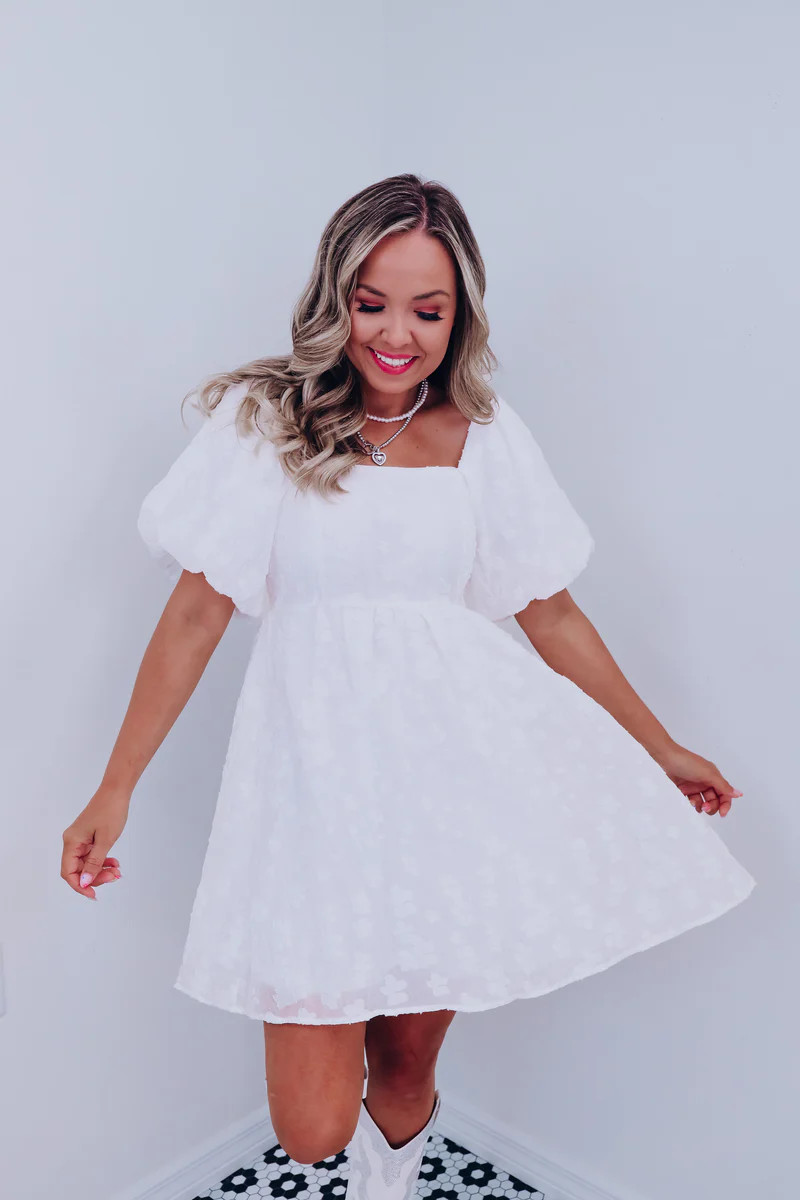 Grace Floral Embossed Puff Sleeve Dress - White | Whiskey Darling Boutique